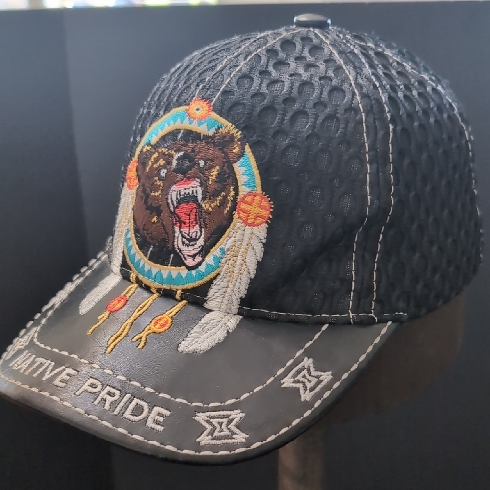 Native Pride Black Mesh Cap with Bear Embroidery, Snapback Hat.